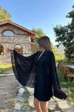 Toptan Siyah Kolları Pilseli Atlas Ceket Elbise