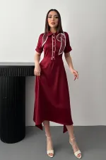 Toptan Bordo Fular Detaylı Saten Elbise