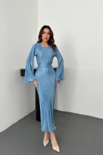 Robe plissée bleue à manches espagnoles en gros