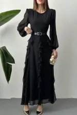 Toptan Siyah Kemerli Şifon Elbise