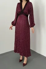 Toptan Bordo Saten Puantiyeli Dantel Detaylı Elbise