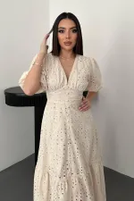 Wholesale Beige Ruffle Detailed Lace Embroidered Dress