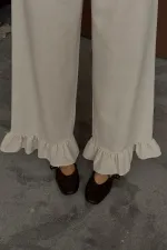 Toptan Bej Paçası Fırfırlı Keten Pantolon