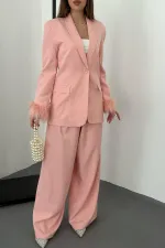 Toptan Pudra Kol Ucu Tüylü Ceket & Pantolon Takım