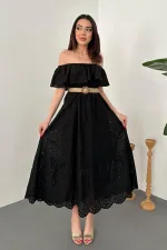 Wholesale Black Elastic Shoulder Embroidered Dress
