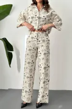 Toptan Bej Nakışlı Keten Takım