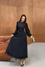 Toptan Lacivert Kare Kabartmalı Simli Uzun Elbise