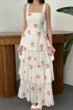 Toptan Kırmızı Korona Desenli Kat Kat Arkası Bağlamalı Elbise