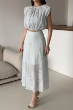 Toptan Mavi Dantelli Bluz Ve Etek Takım