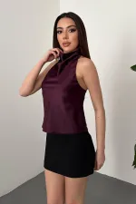 Toptan Bordo Degaje Saten Bluz