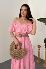 Toptan Pembe Omzu Lastikli Brode Elbise
