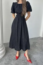 Toptan Siyah Balon Kol Kuşaklı Elbise