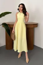 Toptan Sarı Arkası Gipeli Keten Elbise