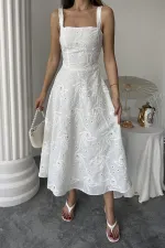 Toptan Beyaz Arkası Korse Detaylı Uzun Elbise