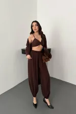 Toptan Kahverengi Gipe Detaylı Üçlü Takım