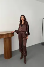 Survêtement en satin rayé velours marron, vente en gros