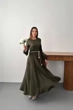 Toptan Haki Balon Kollu Kuşaklı Elbise