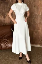 Toptan Beyaz Göğüs Büzgülü Elbise