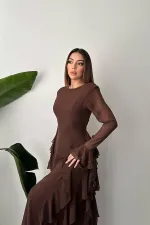 Toptan Kahverengi Volanlı Şifon Elbise