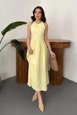 Toptan Sarı Arkası Gipeli Keten Elbise