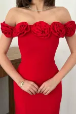 Toptan Kırmızı Madonna Yaka Güllü Elbise