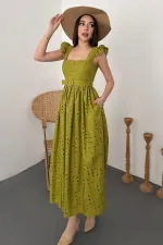 Toptan Fıstık Yeşili Dantelli Brode Elbise