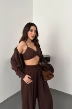 Toptan Kahverengi Gipe Detaylı Üçlü Takım