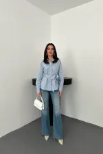 Toptan Bebe Mavi Boyundan Bağlamalı Çizgili Gömlek