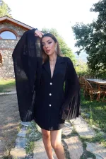 Toptan Siyah Kolları Pilseli Atlas Ceket Elbise