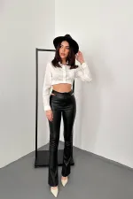 Toptan Siyah Bel Detaylı Deri Pantolon