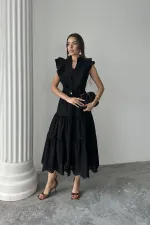 Robe boutonnée à volants noire en gros