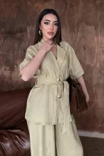 Toptan Bej Keten Gömlekli Takım