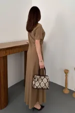 Toptan Vizon Pileli Bisiklet Yaka Elbise