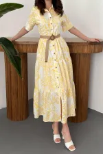 Wholesale Yellow Embroidered Lace-Up Sleeve Dress