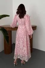 Toptan Pembe Yakası Fular Detaylı Elbise
