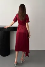Toptan Bordo Fular Detaylı Saten Elbise