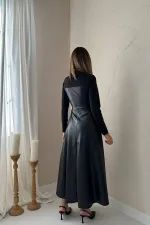 Toptan Siyah Kalp Yaka Deri Elbise