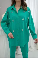 Wholesale Green Classic Stoned Linen Suit Set