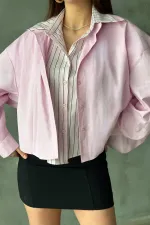 Toptan Pembe Çizgi Garnili Oversıze Gömlek