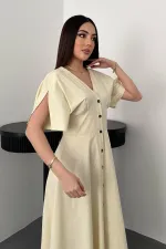 Toptan Sarı Düğmeli Midi Boy Poplin Elbise
