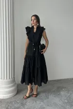 Robe boutonnée à volants noire en gros