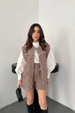 Ensemble gilet et short à motif pied-de-poule marron en gros