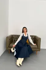 Toptan Mavi Midi Boy Bantlı Kot Elbise