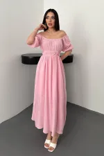 Robe en mousseline de lin rose à col froncé, vente en gros