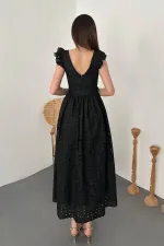 Toptan Siyah Dantelli Brode Elbise