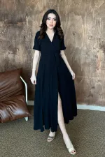 Toptan Siyah Kruvaze Yaka Müslin Keten Elbise