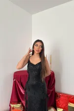 Wholesale Black Sequined Chiffon Ruffle Dress