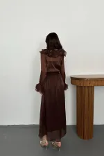 Toptan Kahverengi Fırfırlı Bluz Lastikli Etek Takım