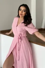 Toptan Pembe Kruvaze Yaka Müslin Keten Elbise