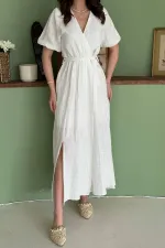 Toptan Beyaz Kruvaze Yaka Müslin Keten Elbise